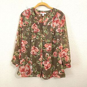 JM Collection Size 12 Women Brown Floral Sheer Sleeves Boho Button Blouse Top